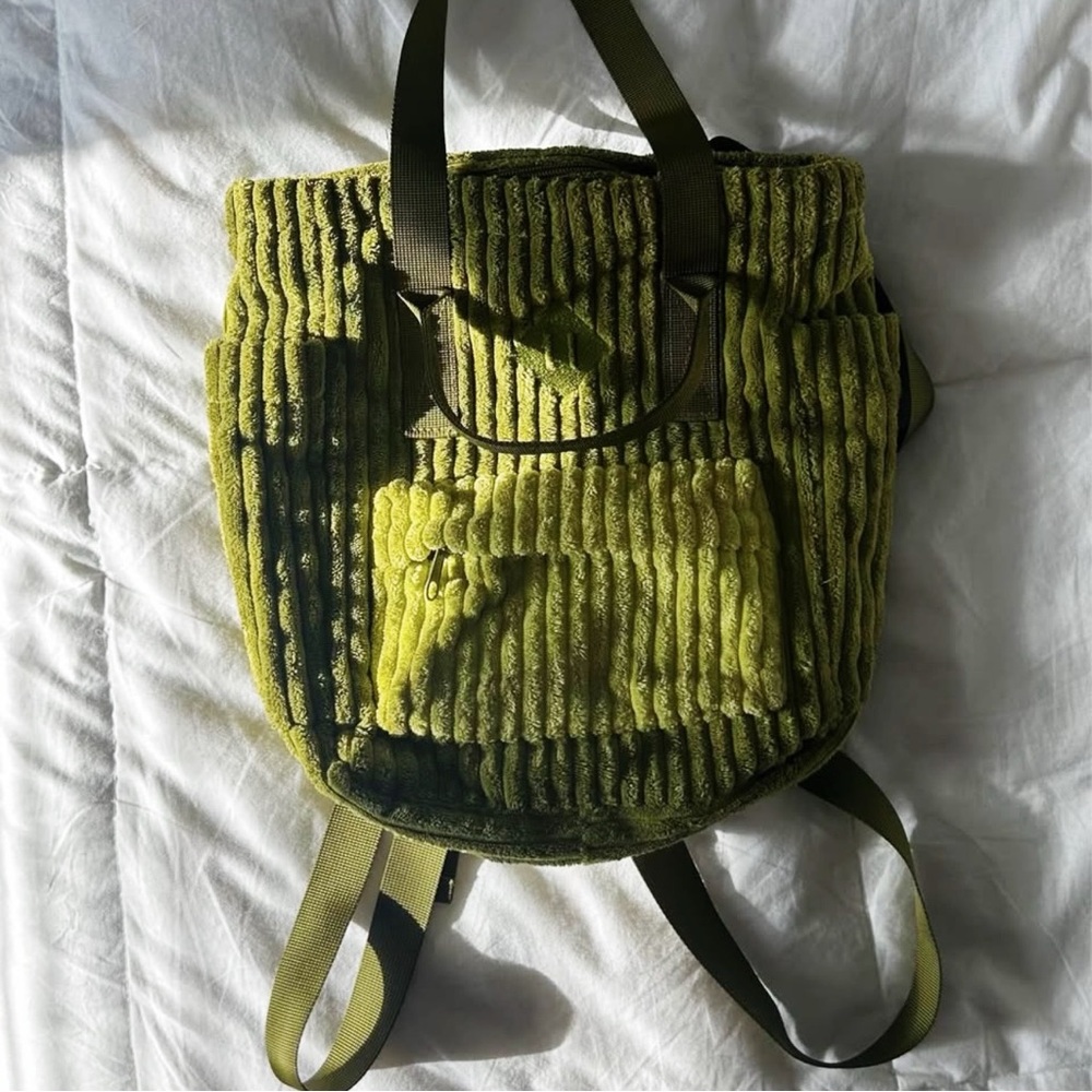 No Boundaries Green Corduroy Backpack + Checkered Sherpa Wallet Set